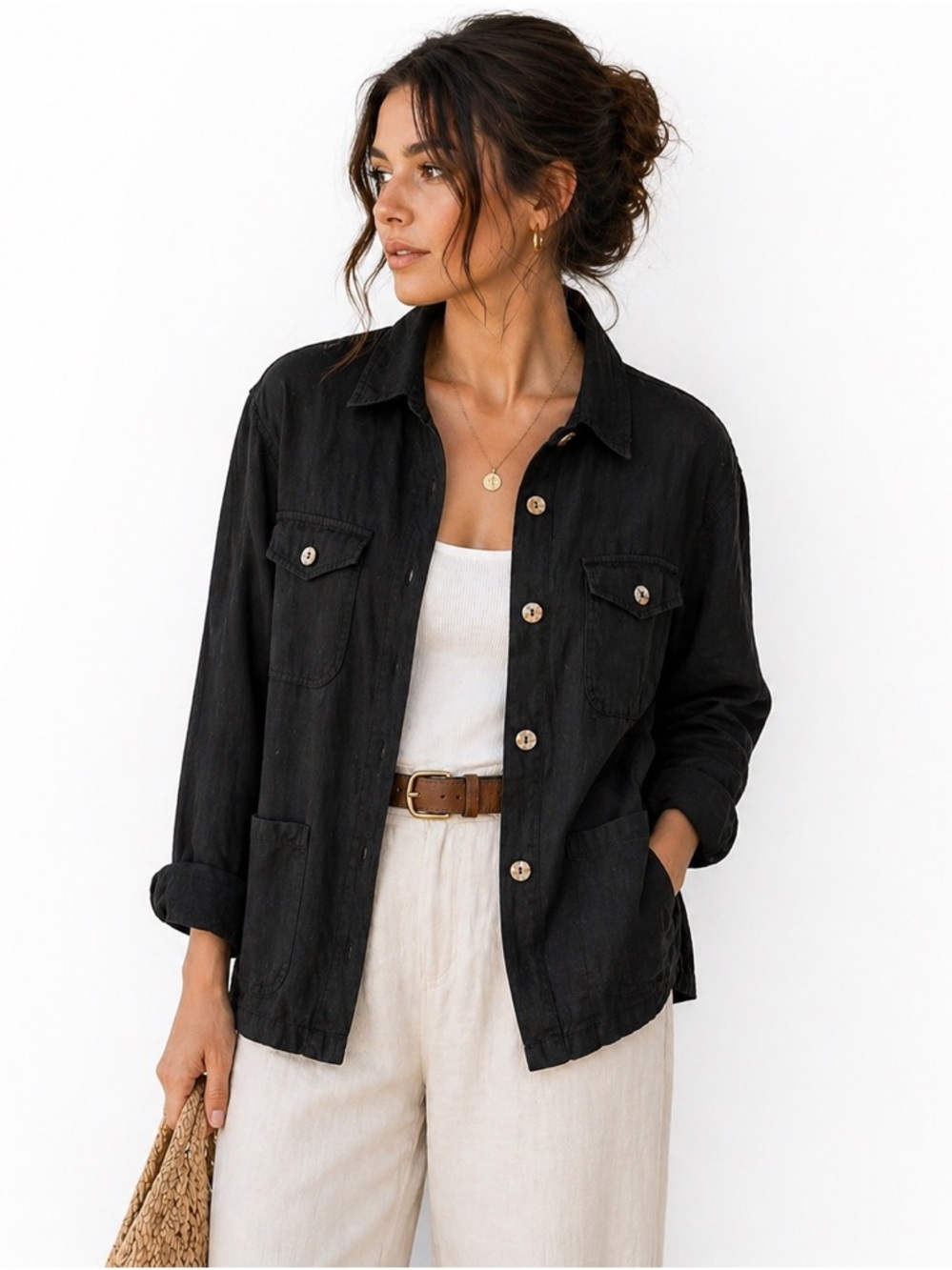 Carol LeValley Black Linen Button Down Jacket Shirt XL Minimalist